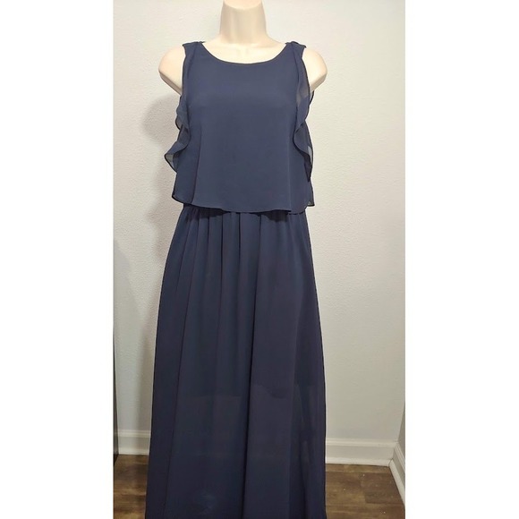 H&M‎ Blue Maxi Dress Ruffle Sleeveless Size 6 Flowy Chiffon Elegant Party Womens - Picture 2 of 12